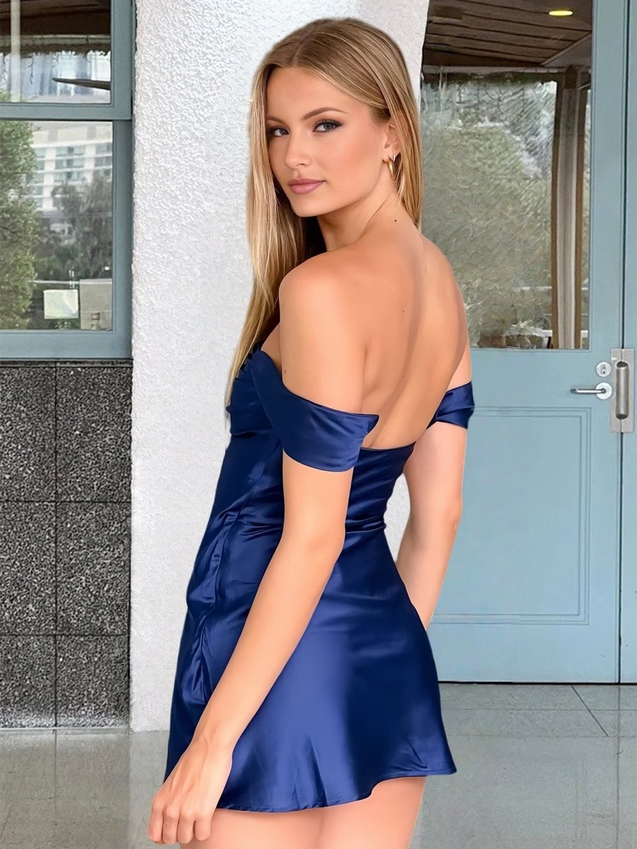 Mel | Navy Blue - Off The Shoulder A Line Satin Short Homecoming Dress