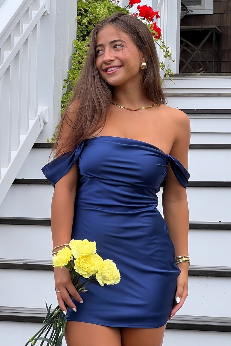 Mel | Navy Blue - Off The Shoulder A Line Satin Short Homecoming Dress