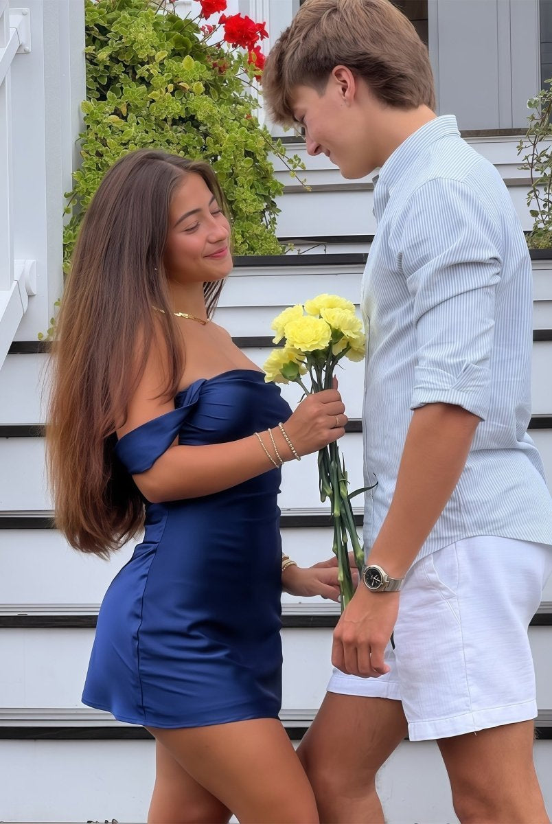 Mel | Navy Blue - Off The Shoulder A Line Satin Short Homecoming Dress