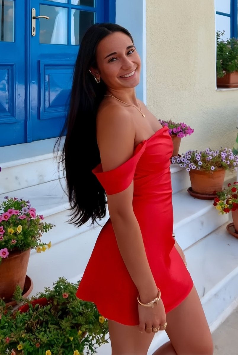 Mel | Red - Off The Shoulder A Line Satin Short Homecoming Dress