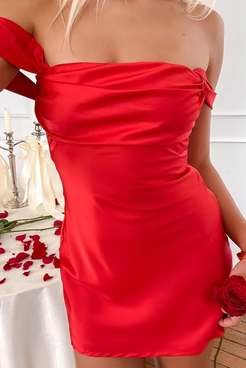 Mel | Red - Off The Shoulder A Line Satin Short Homecoming Dress