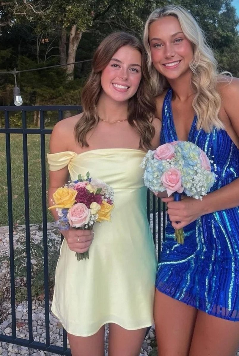 Mel | Yellow - Off The Shoulder A Line Satin Short Homecoming Dress