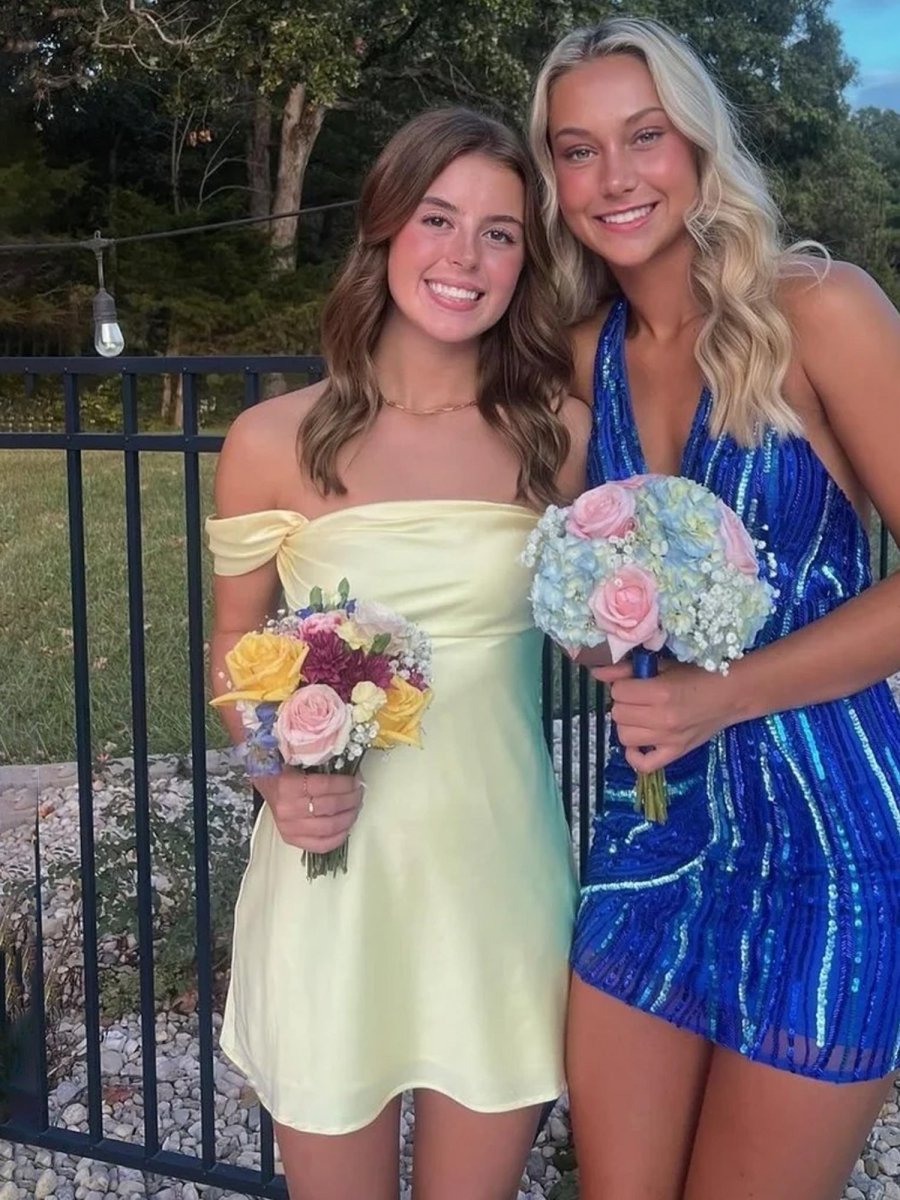 Mel | Yellow - Off The Shoulder A Line Satin Short Homecoming Dress