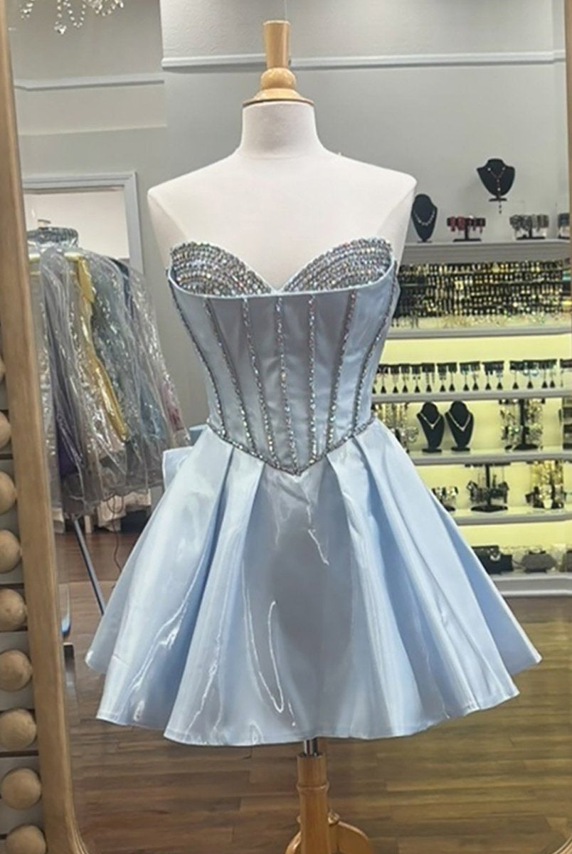 Melantha | Blue - Strapless Satin A Line Beaded Homecoming Dress With Bow