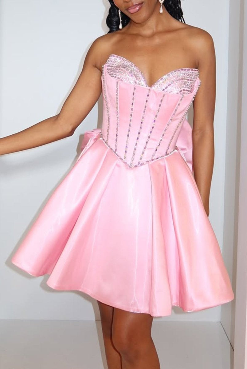 Melantha | Pink - Strapless Satin A Line Beaded Homecoming Dress With Bow