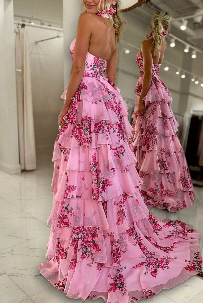 Melinda | Pink A Line Hatler Floral Chiffon Tiered Long Prom Dress - KissProm