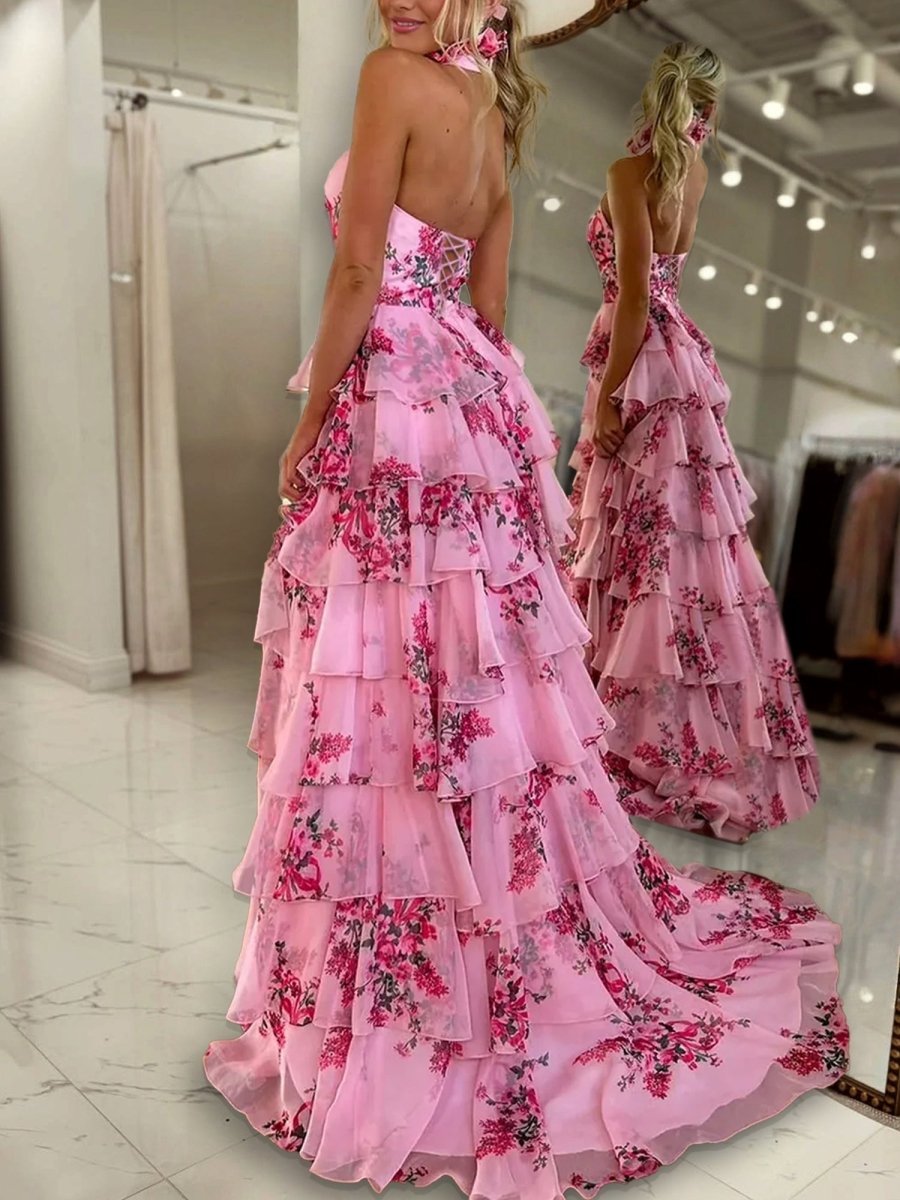 Melinda | Pink A Line Hatler Floral Chiffon Tiered Long Prom Dress - KissProm