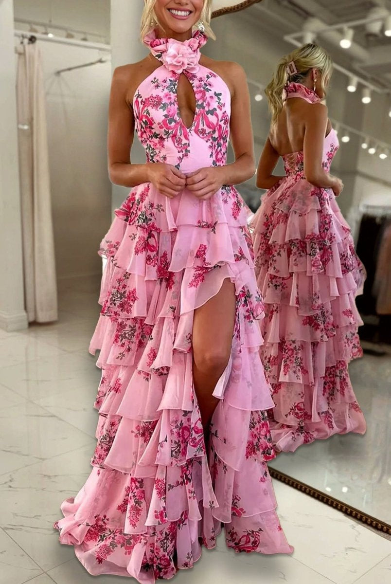 Melinda | Pink A Line Hatler Floral Chiffon Tiered Long Prom Dress - KissProm