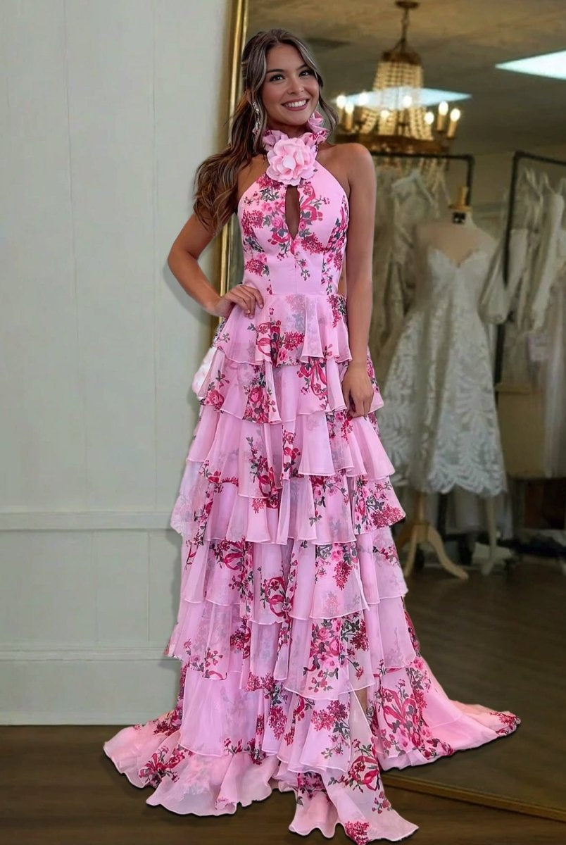 Melinda | Pink A Line Hatler Floral Chiffon Tiered Long Prom Dress - KissProm