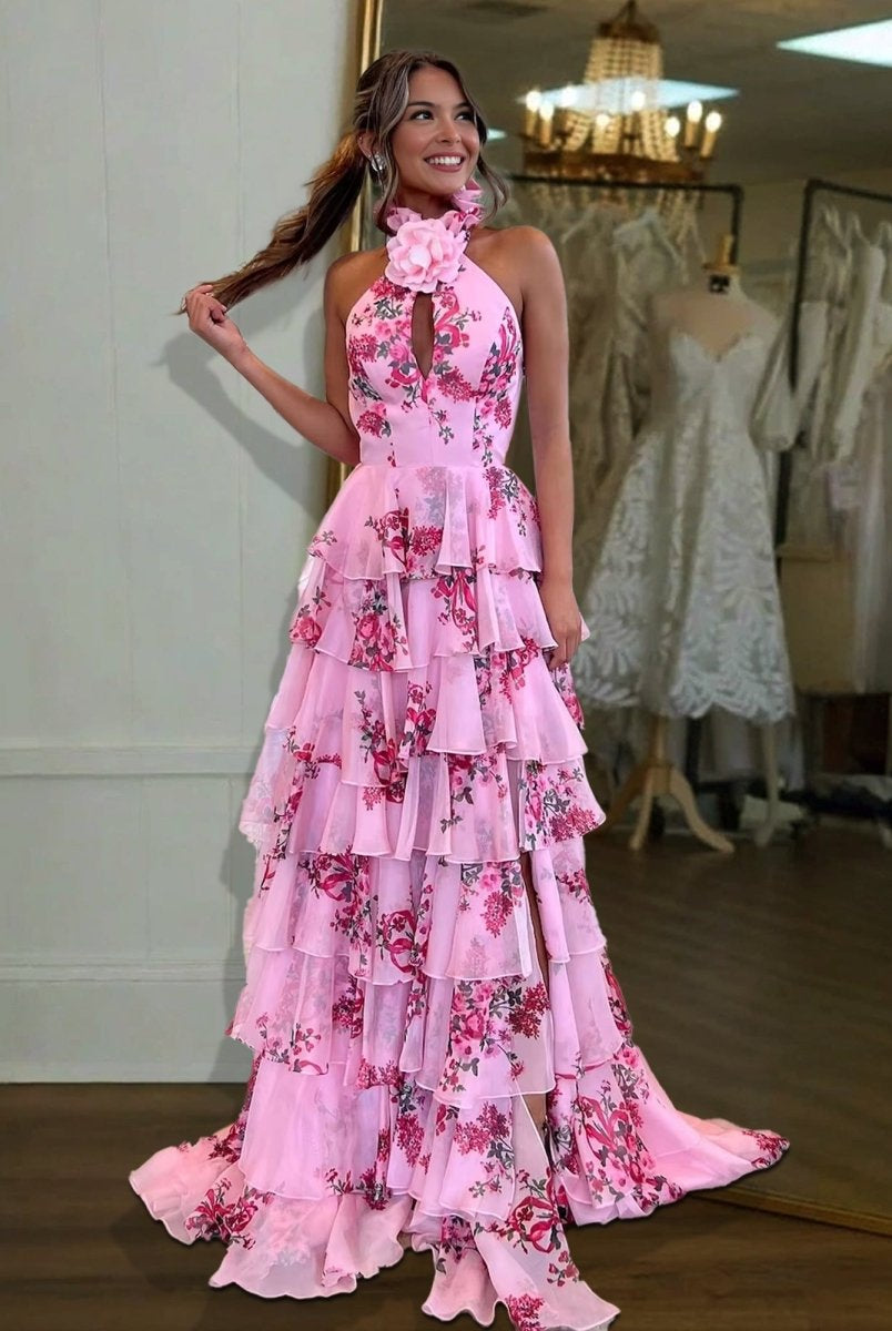 Melinda | Pink A Line Hatler Floral Chiffon Tiered Long Prom Dress - KissProm