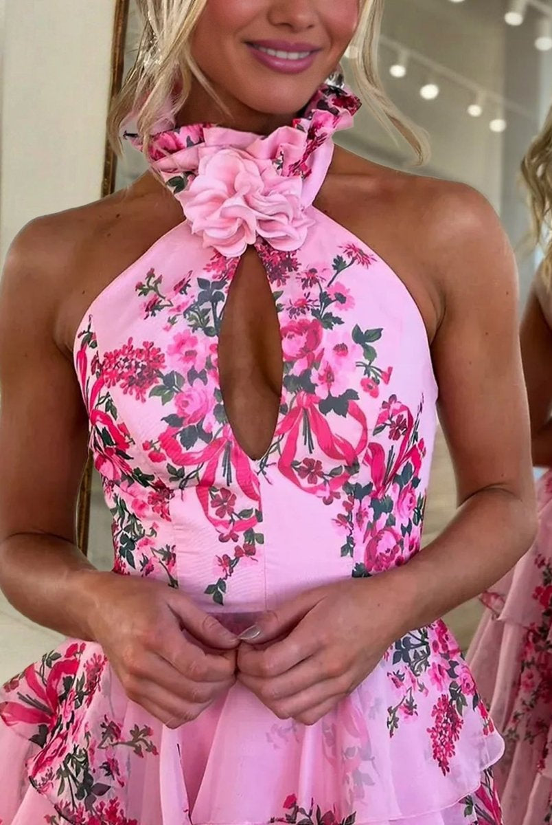 Melinda | Pink A Line Hatler Floral Chiffon Tiered Long Prom Dress - KissProm