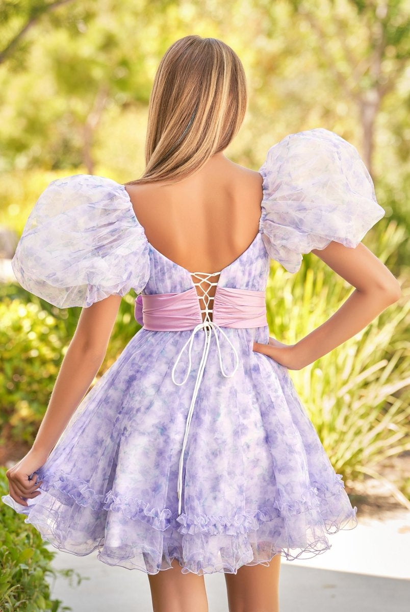 Meliora | A - Line Sweetheart Lavender Short Homecoming Dress With Puff Sleeves - KissProm