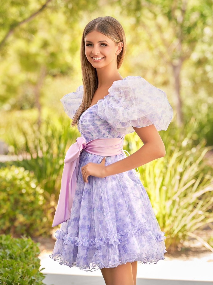 Meliora | A - Line Sweetheart Lavender Short Homecoming Dress With Puff Sleeves - KissProm