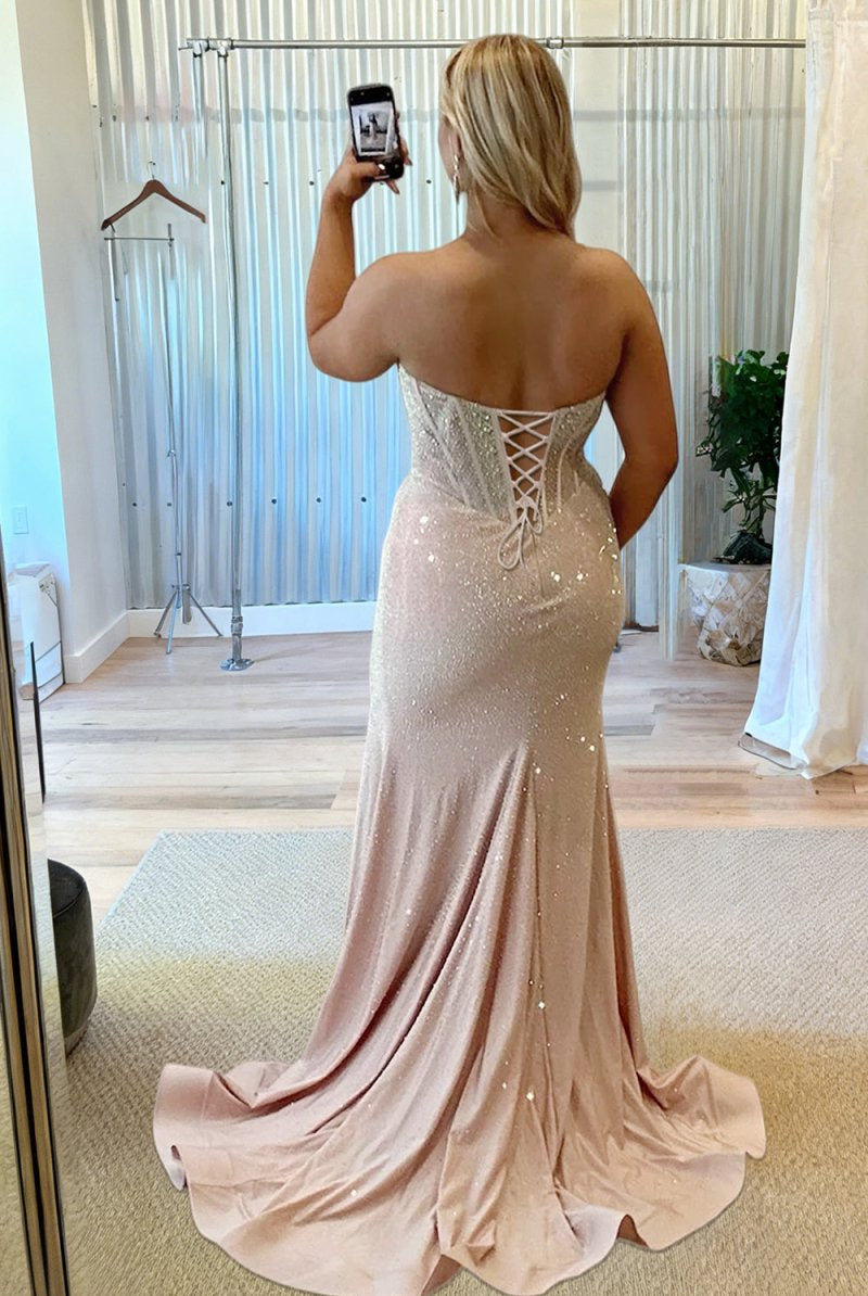 Melissia | Sky Blue - Strapless Mermaid Satin Beaded Long Formal Prom Dresses With Slit - KissProm