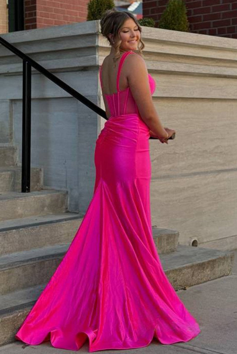 Melo | Straps Hot Pink Pleated Mermaid Prom Dress with Slit
