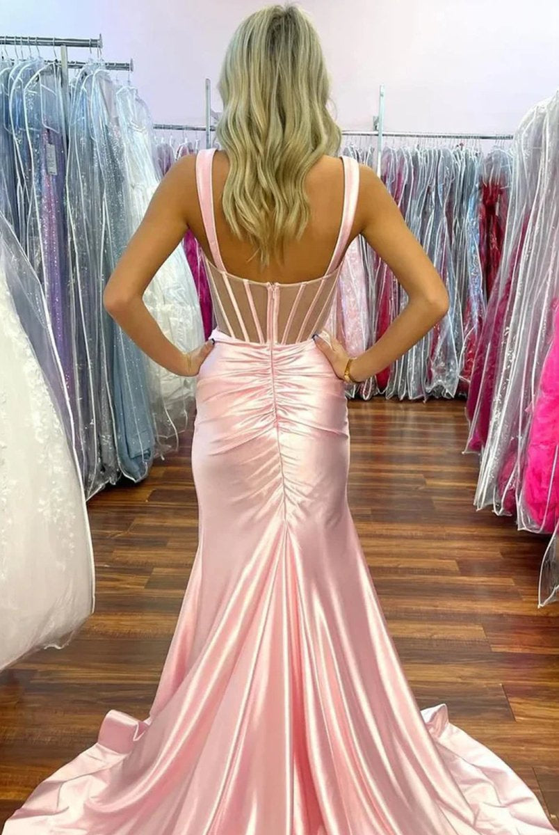 Melo | Straps Hot Pink Pleated Mermaid Prom Dress with Slit