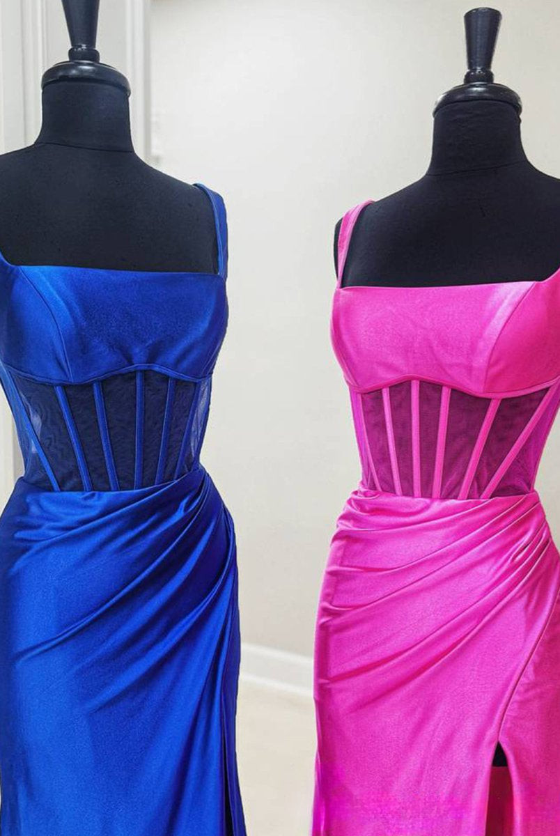 Melo | Straps Hot Pink Pleated Mermaid Prom Dress with Slit