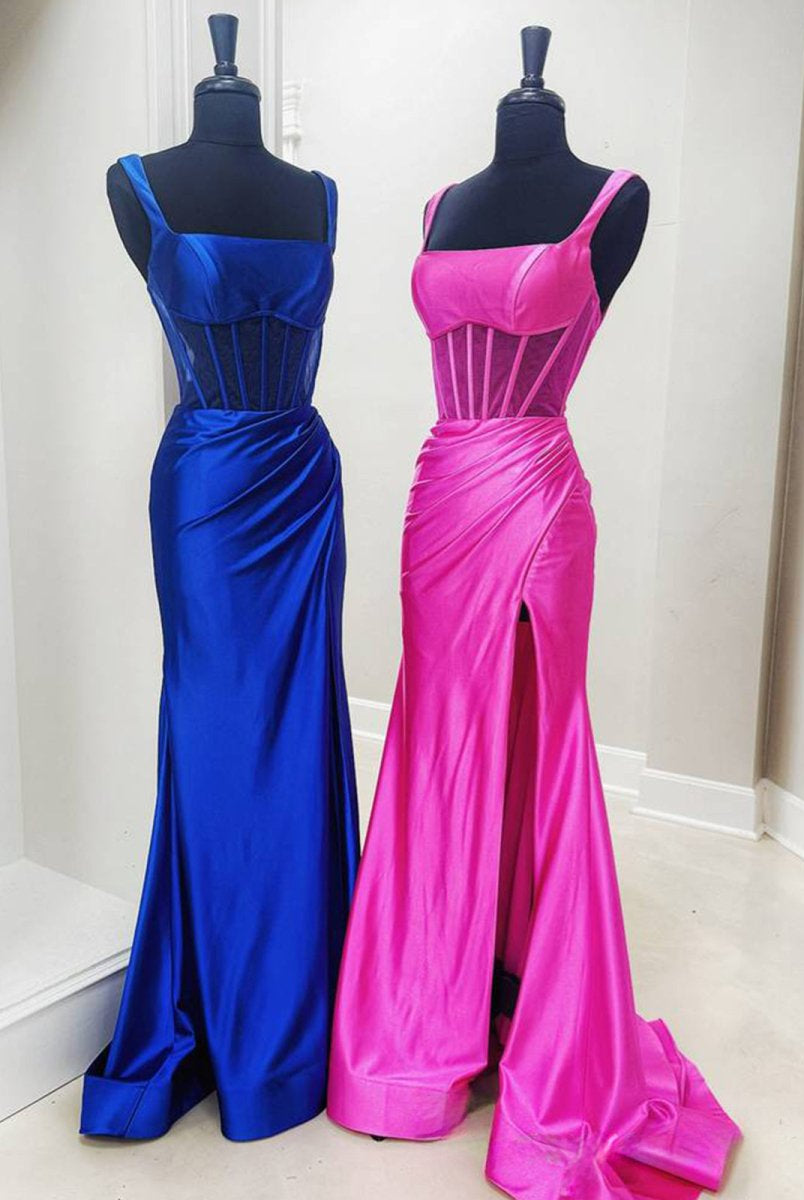 Melo | Straps Hot Pink Pleated Mermaid Prom Dress with Slit