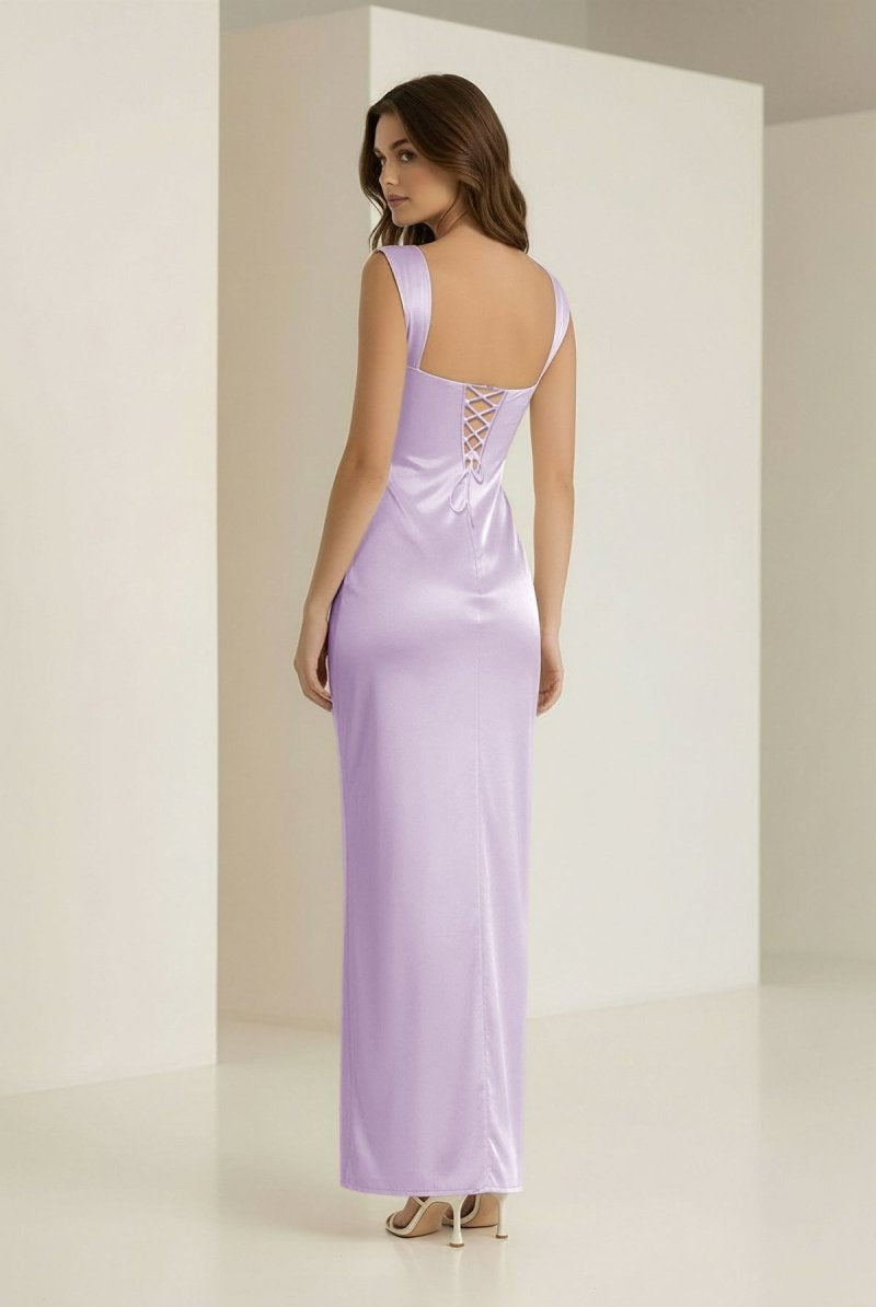 Meola | Lavender - Sweetheart Satin Sheath Long Formal Prom Dresses With Lace - KissProm