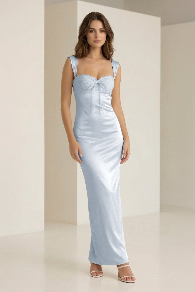 Meola | Sky Blue - Sweetheart Satin Sheath Long Formal Prom Dresses With Lace - KissProm