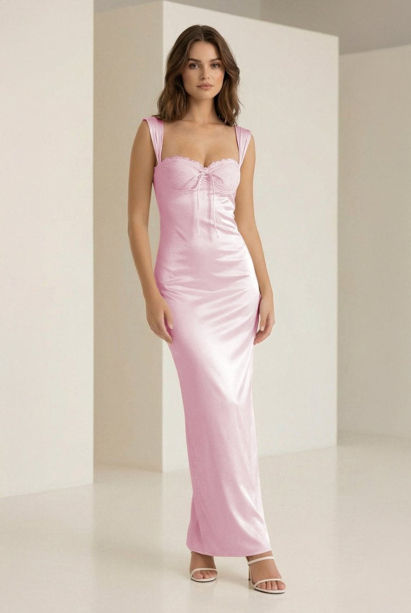 Meola | Pink - Sweetheart Satin Sheath Long Formal Prom Dresses With Lace - KissProm