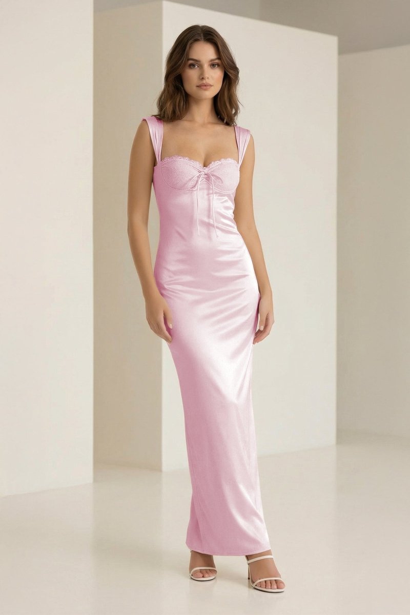 Meola | Pink - Sweetheart Satin Sheath Long Formal Prom Dresses With Lace - KissProm