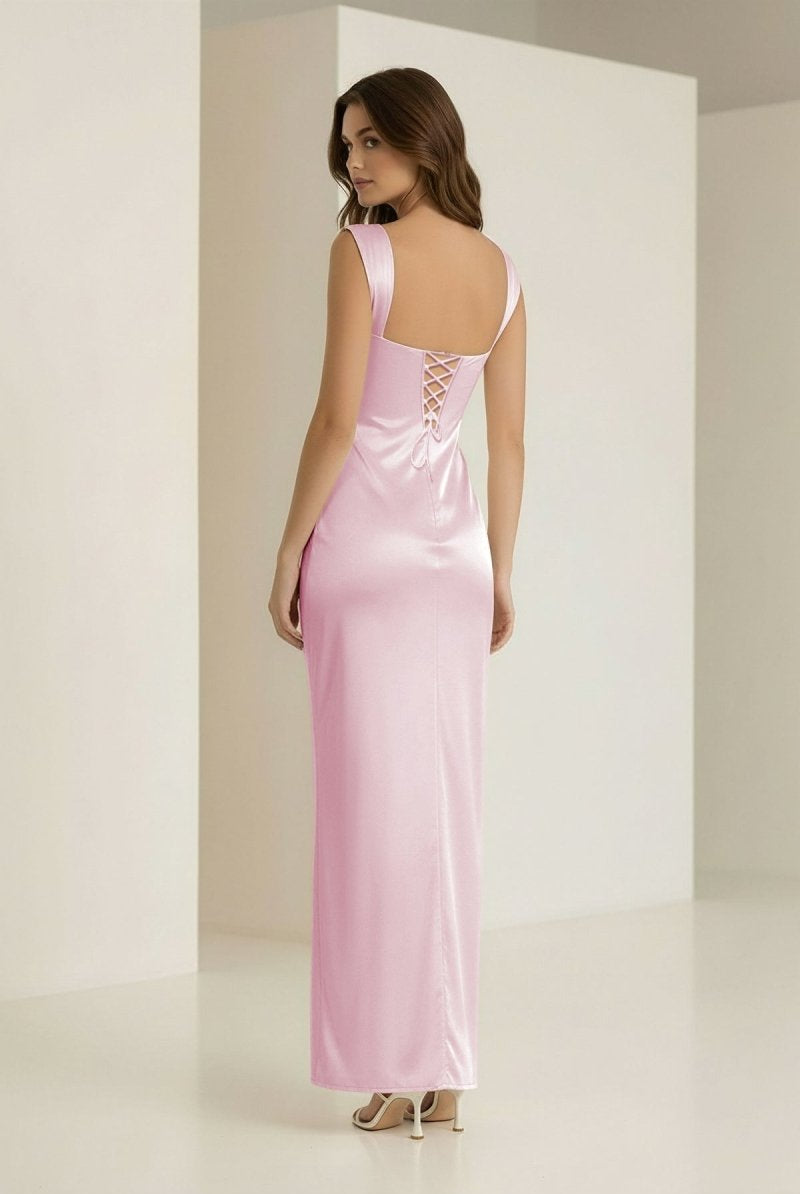 Meola | Pink - Sweetheart Satin Sheath Long Formal Prom Dresses With Lace - KissProm