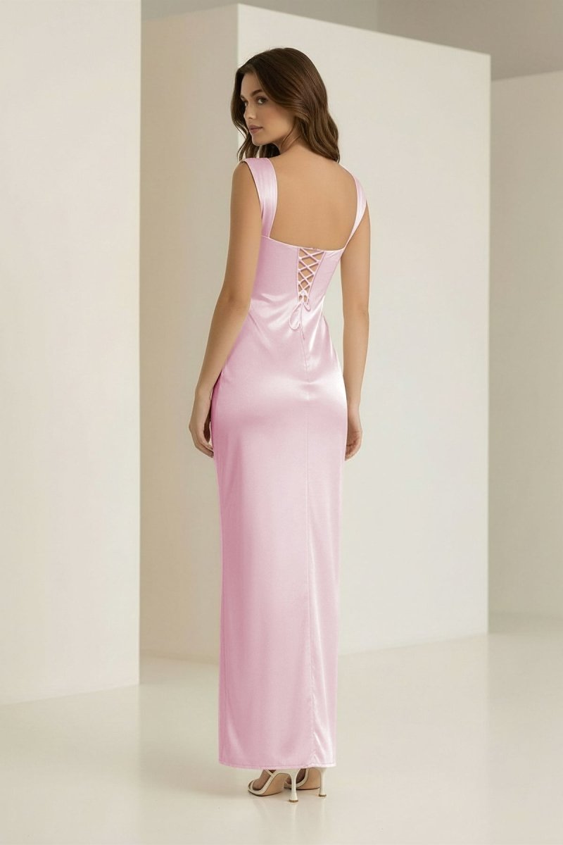 Meola | Pink - Sweetheart Satin Sheath Long Formal Prom Dresses With Lace - KissProm
