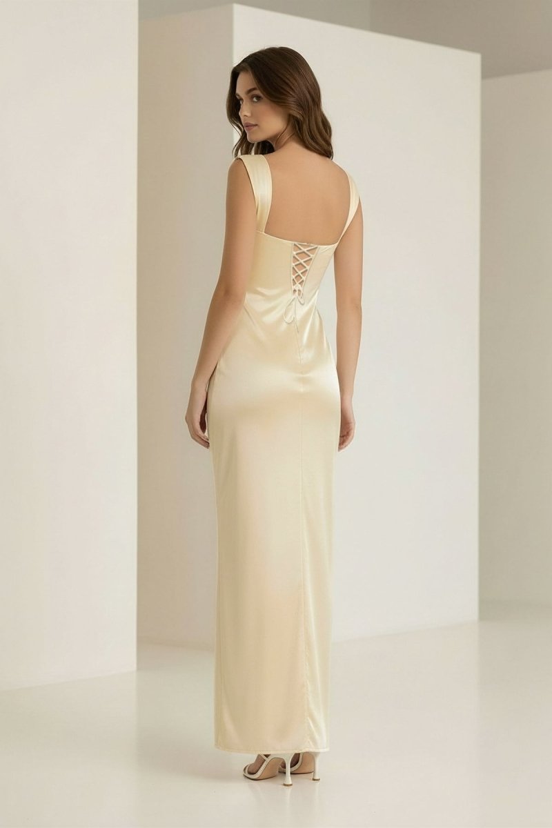 Meola | Yellow - Sweetheart Satin Sheath Long Formal Prom Dresses With Lace - KissProm