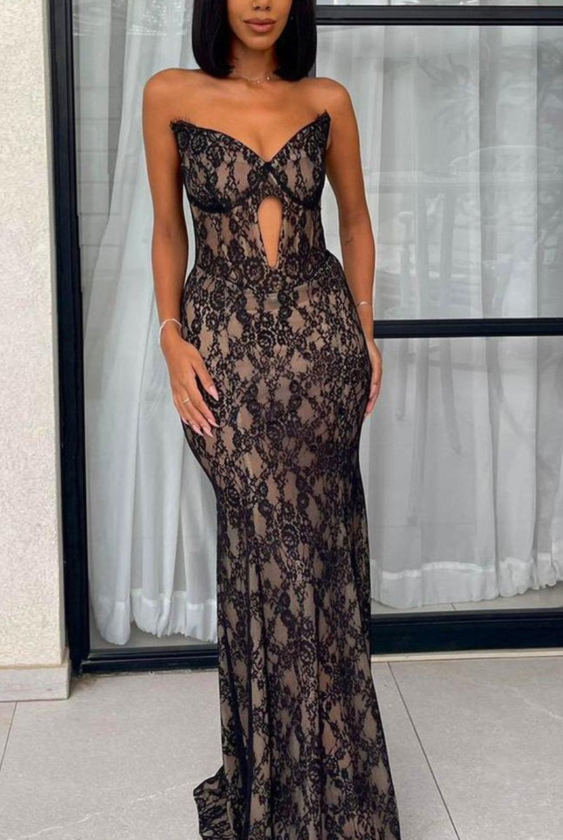Merlia | Black Strapless V - Neck Sleeveless Lace Mermaid Prom Dress - KissProm