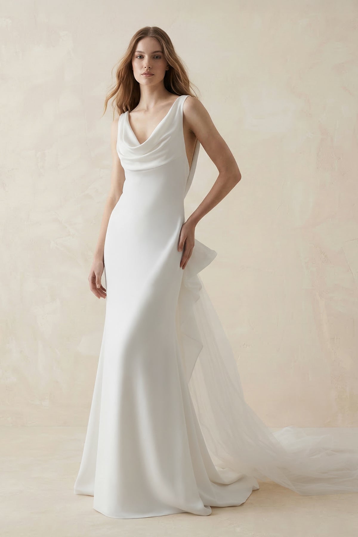 Mermaid Crepe Cowl Neck Wedding Dress with Train in White, White / Custom Size( Free ) Mermaid Crepe Cowl Neck Wedding Dress with Train in White, White / Custom Size( Free )