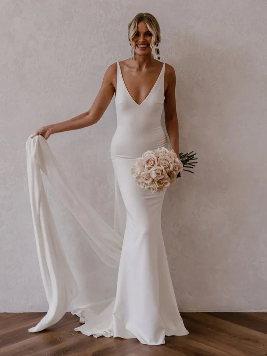 Jaylynn | Mermaid Deep V - Neck Backless White Wedding Dress - KissProm