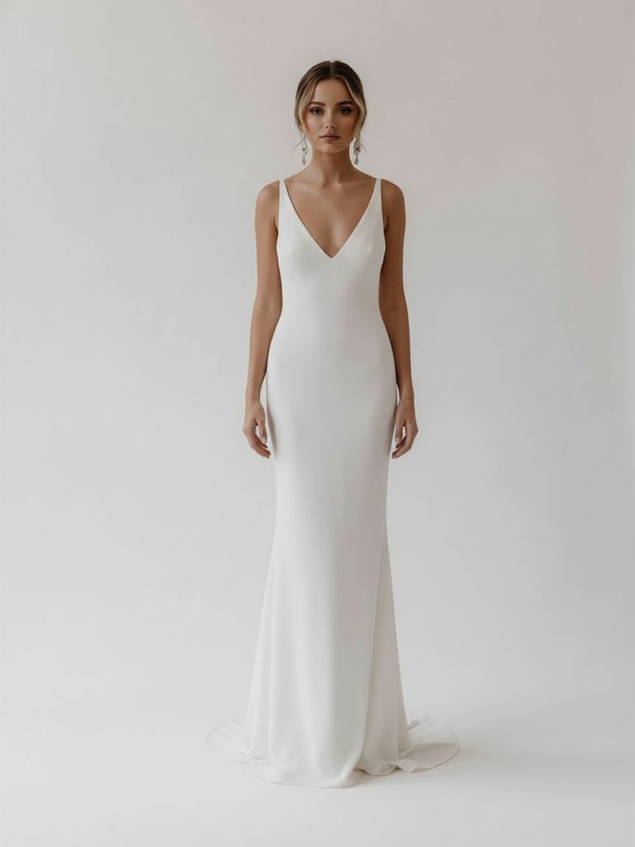 Jaylynn | Mermaid Deep V - Neck Backless White Wedding Dress - KissProm