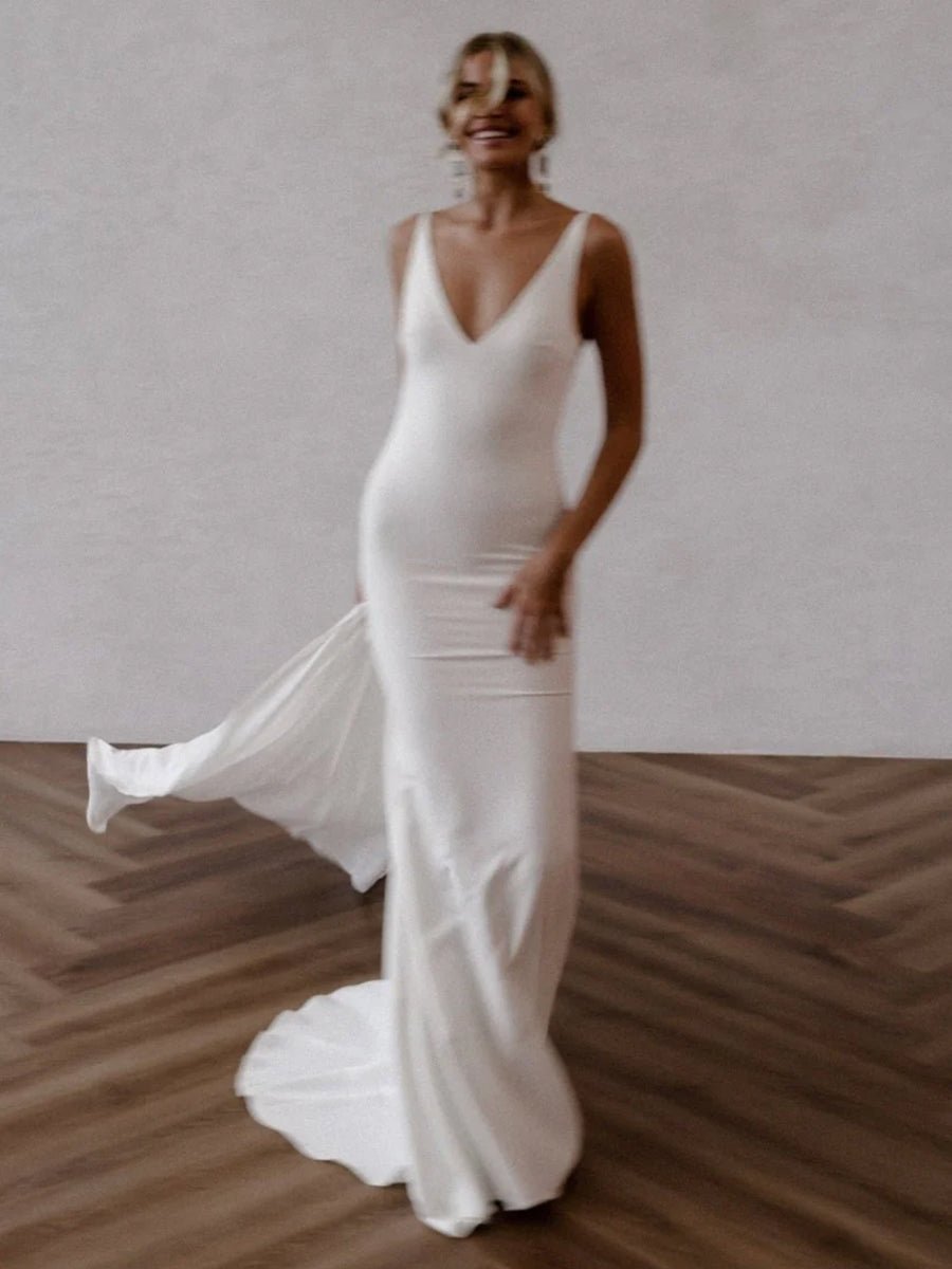 Jaylynn | Mermaid Deep V - Neck Backless White Wedding Dress - KissProm