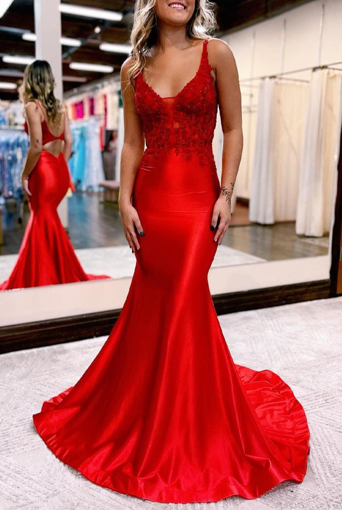 Leila |Mermaid Deep V Neck Satin Long Prom Dress with Appliques
