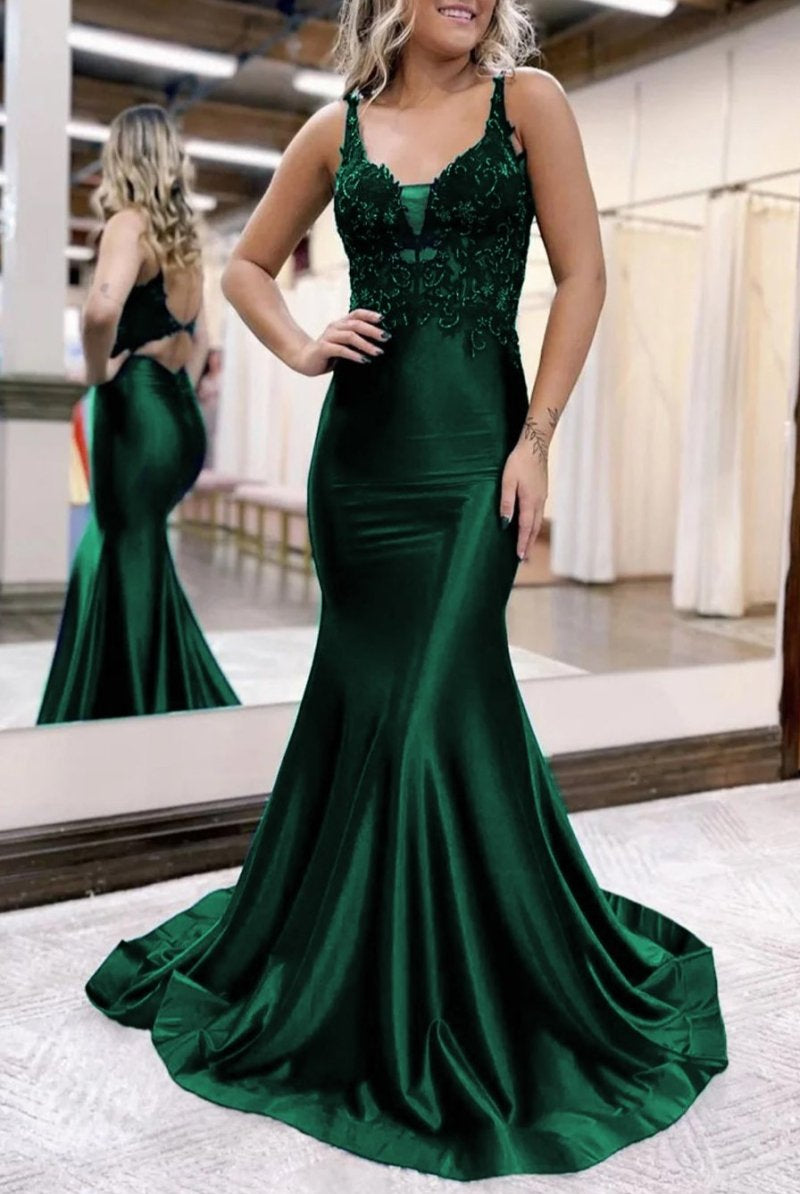 Leila |Mermaid Deep V Neck Satin Long Prom Dress with Appliques