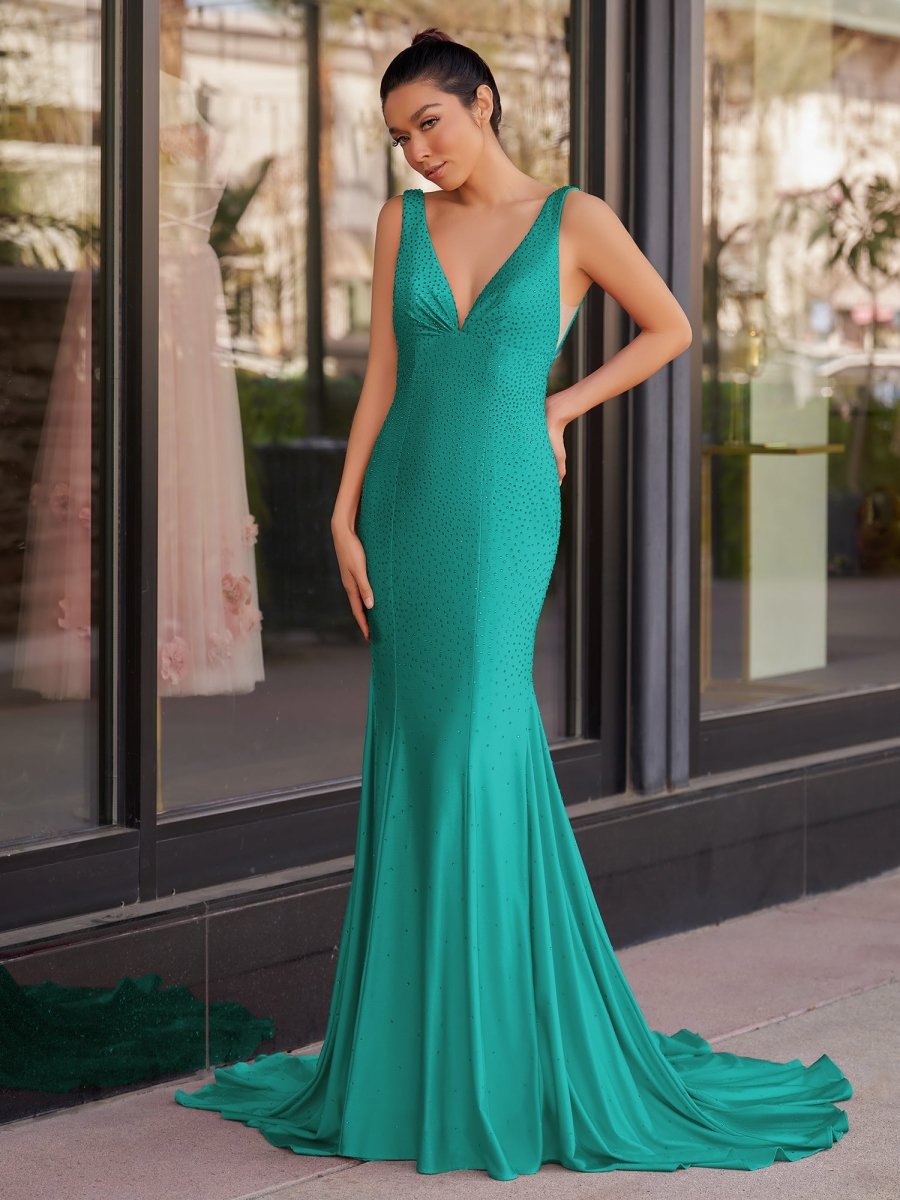 Molly | Mermaid Deep V-Neck Beaded Satin Long Prom Dress