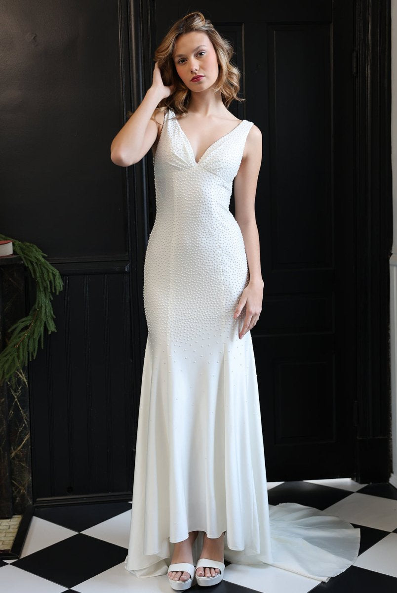 Molly | Mermaid Deep V-Neck Beaded Satin Long Prom Dress