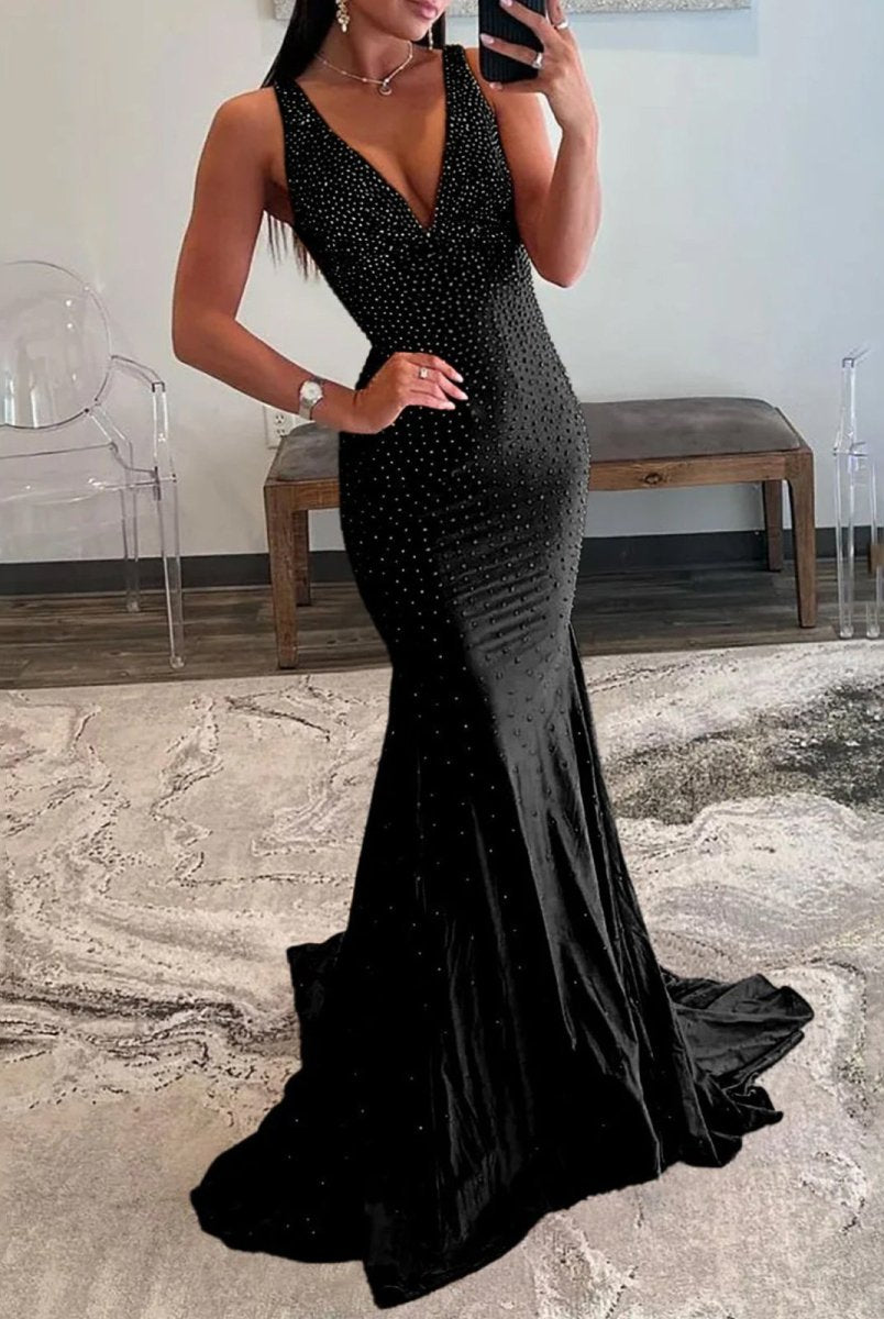 Molly | Mermaid Deep V-Neck Beaded Satin Long Prom Dress