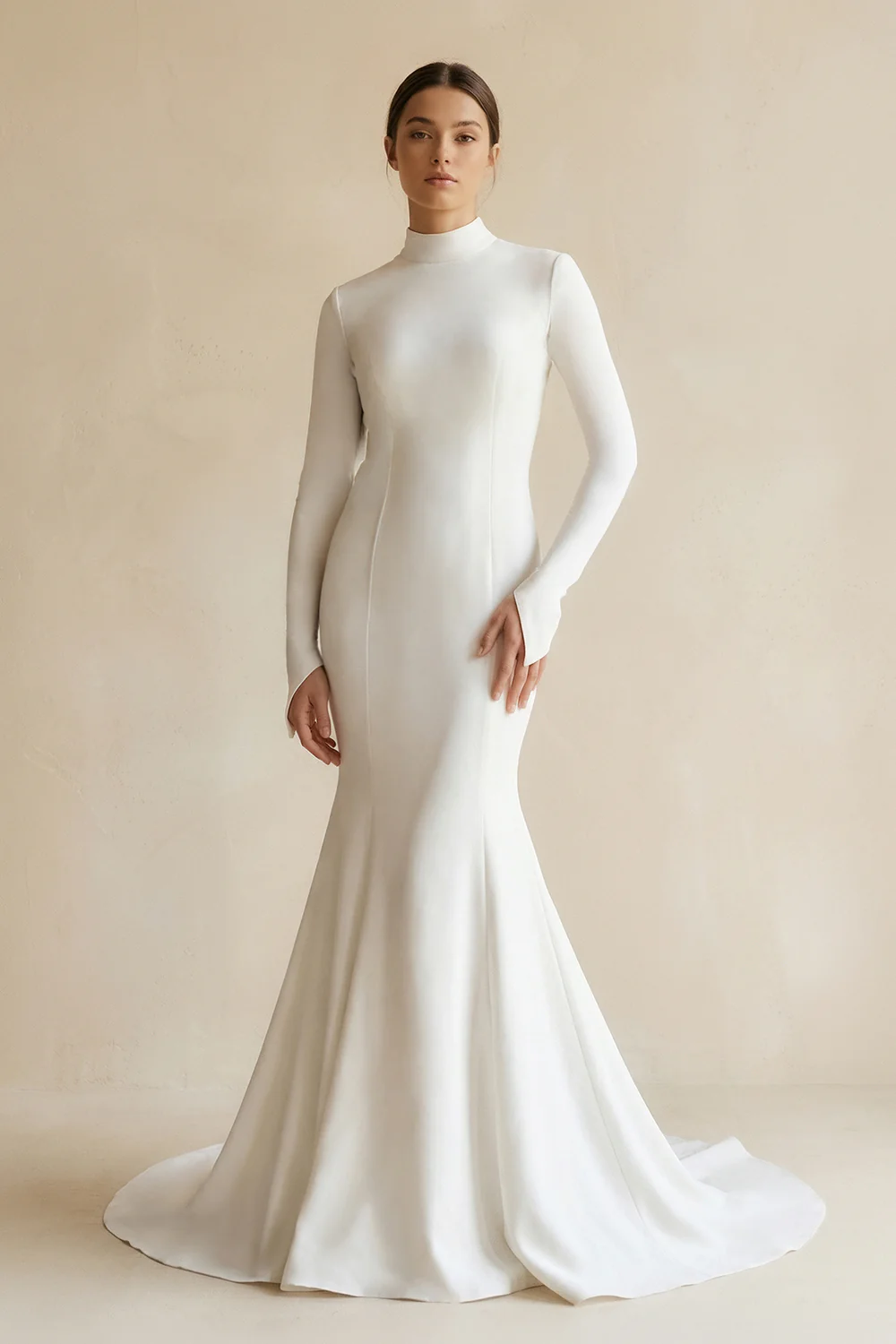 KissProm Mermaid White Open Back High Neck Wedding Dress, Diamond White / Custom Size