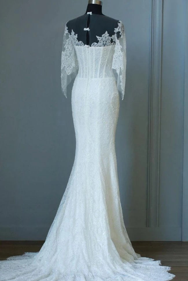 Mermaid Sweep-Train Half Sleeve Bell Zipper Keyhole Lace Dress
