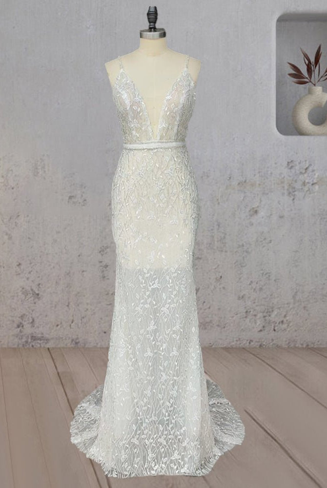 Mermaid Lace Deep V Wedding Dress with Appliques
