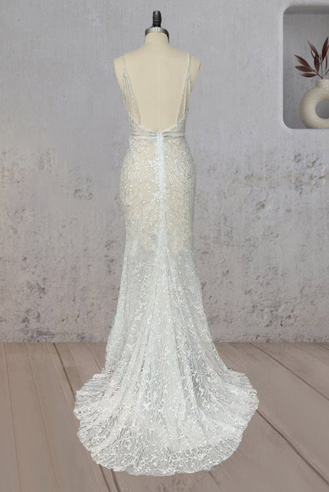 Mermaid Lace Deep V Wedding Dress with Appliques
