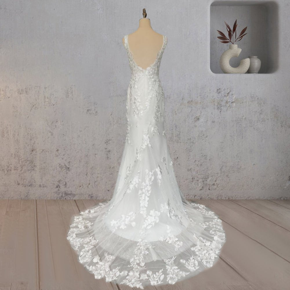 Mermaid Lace Illusion V Neck Sleeveless Backless Wedding Dress - KissProm