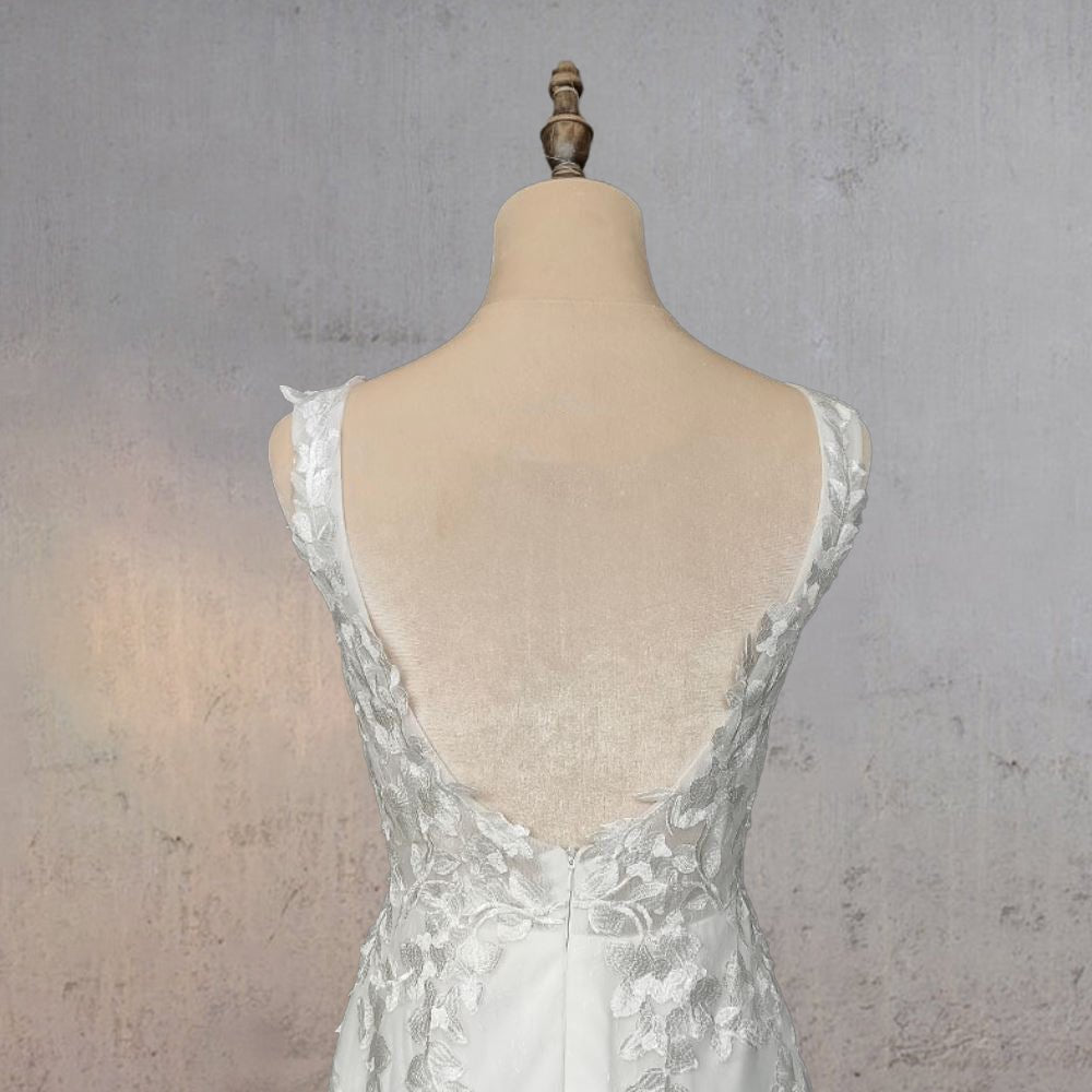 Mermaid Lace Illusion V Neck Sleeveless Backless Wedding Dress - KissProm