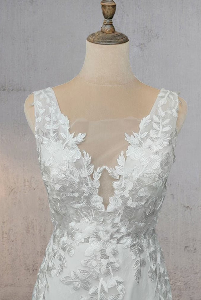 Mermaid Lace Illusion V Neck Sleeveless Backless Wedding Dress - KissProm