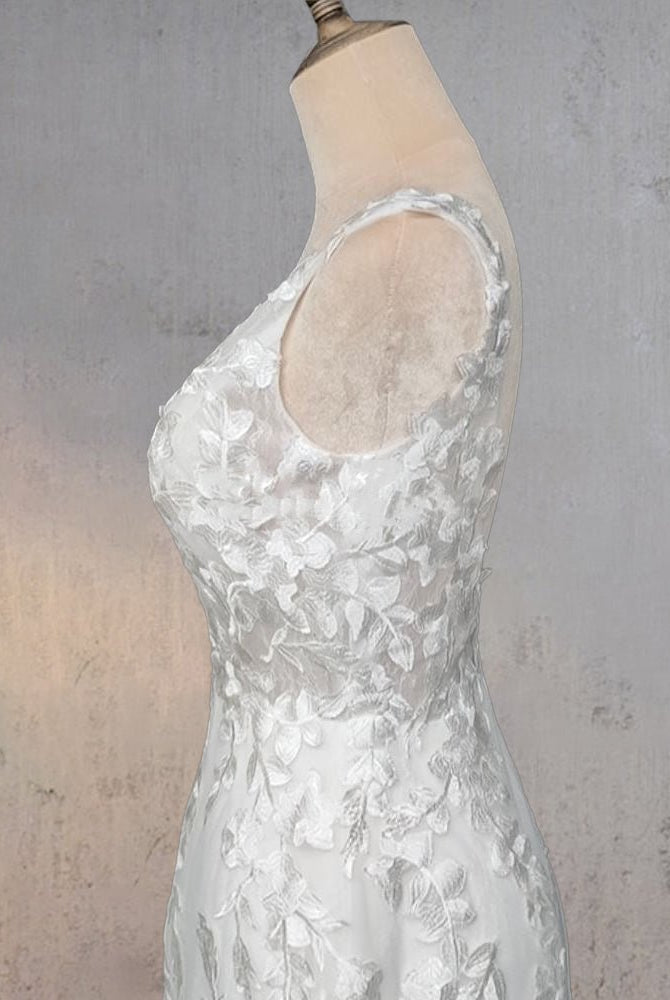 Mermaid Lace Illusion V Neck Sleeveless Backless Wedding Dress - KissProm