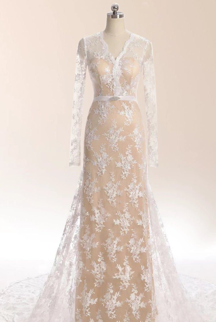 Mermaid Long Sleeve Court Train Lace Dress With Illusion