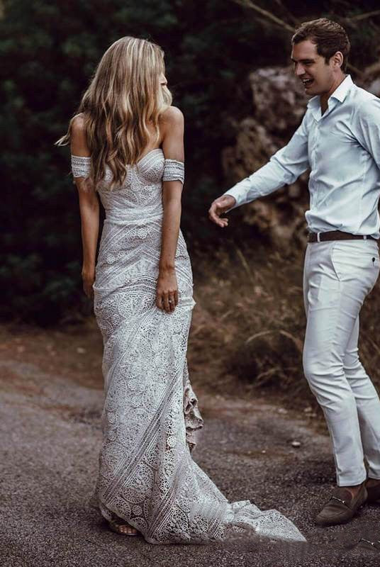 Mermaid Off-the-Shoulder Backless Ivory Lace Beach Wedding Dresses