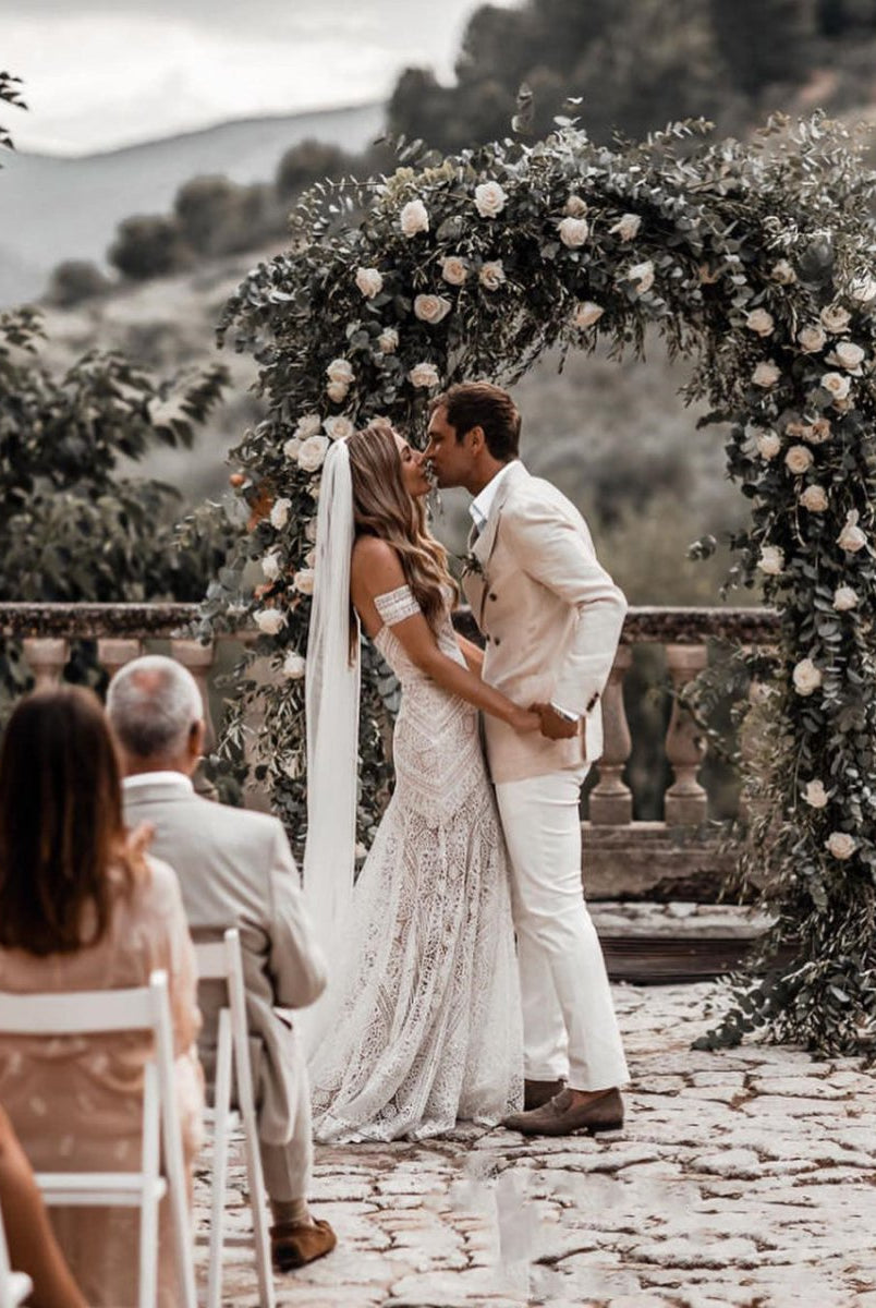 Mermaid Off-the-Shoulder Backless Ivory Lace Beach Wedding Dresses